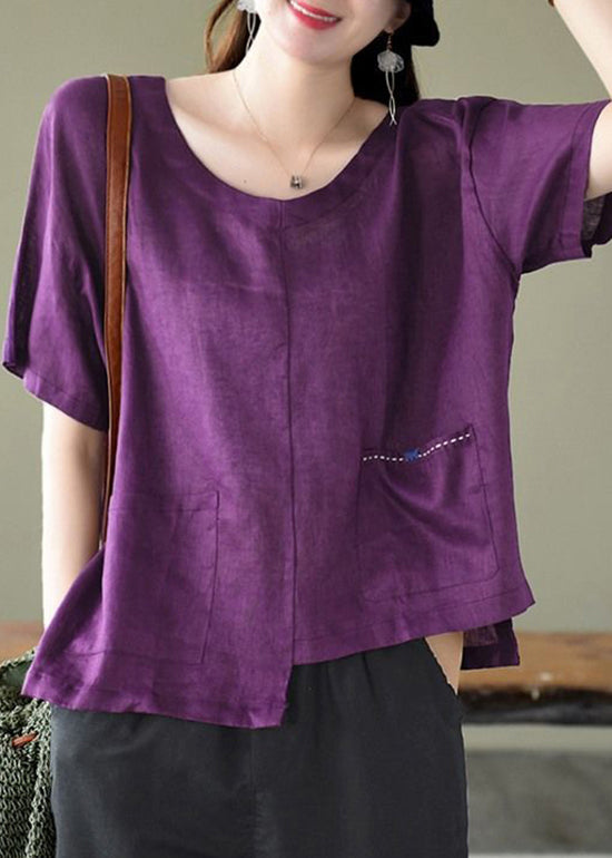 Purple O-neck Asymmetrical Design Pocket Linen Top Short Sleeve