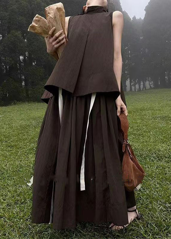 French Coffee Pockets Cotton Two Pieces Set Sleeveless