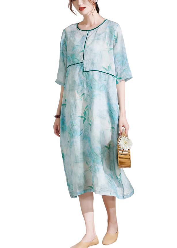 Light Green Patchwork Print Summer Ramie Dresses Half Sleeve