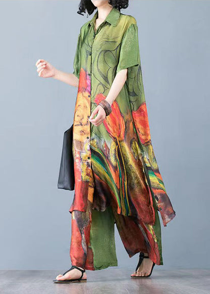 Italian Green Print Satin Shirt Dress and Pants Two Piece Set Short Sleeve