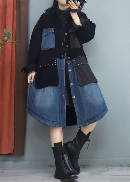 Black Peter Pan Collar Pockets Patchwork Coat Fall
