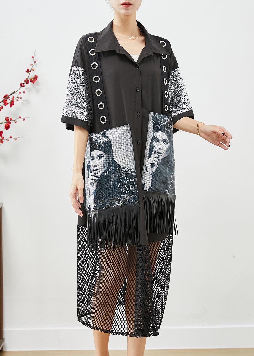 Black Sequins Patchwork Hollow Out Tasseled Maxi Dresses Fall