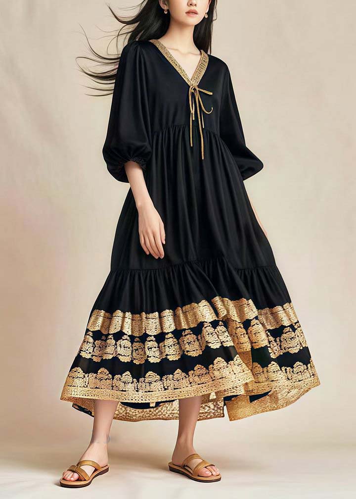 Style Black Oversized Patchwork Lace Cotton Holiday Dress Spring