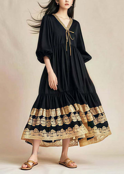 Style Black Oversized Patchwork Lace Cotton Holiday Dress Spring