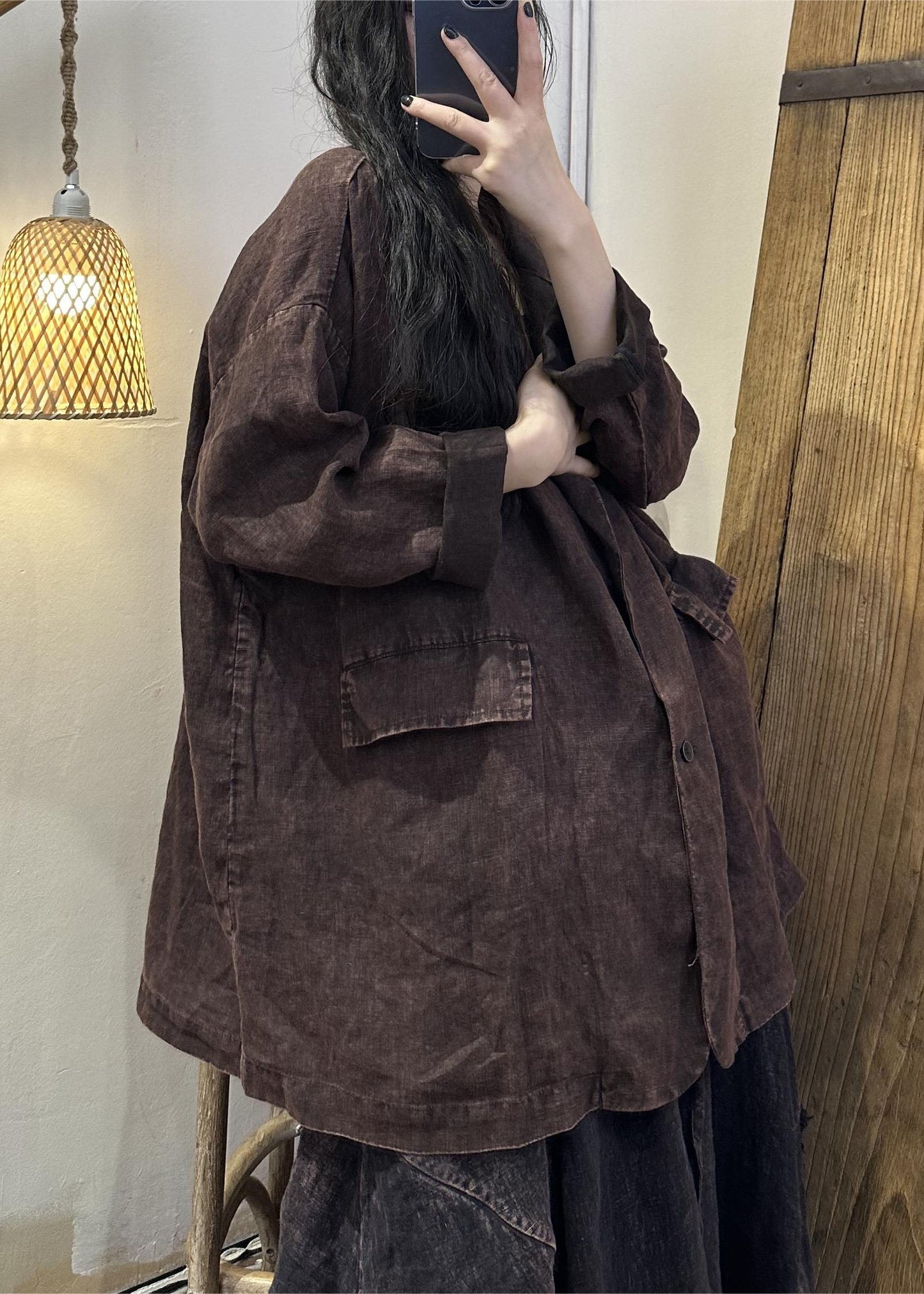 Coffee Patchwork Button Linen Coats Long Sleeve Fall