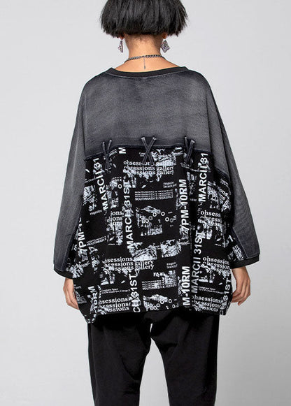Black Graphic Patchwork Denim Top Spring