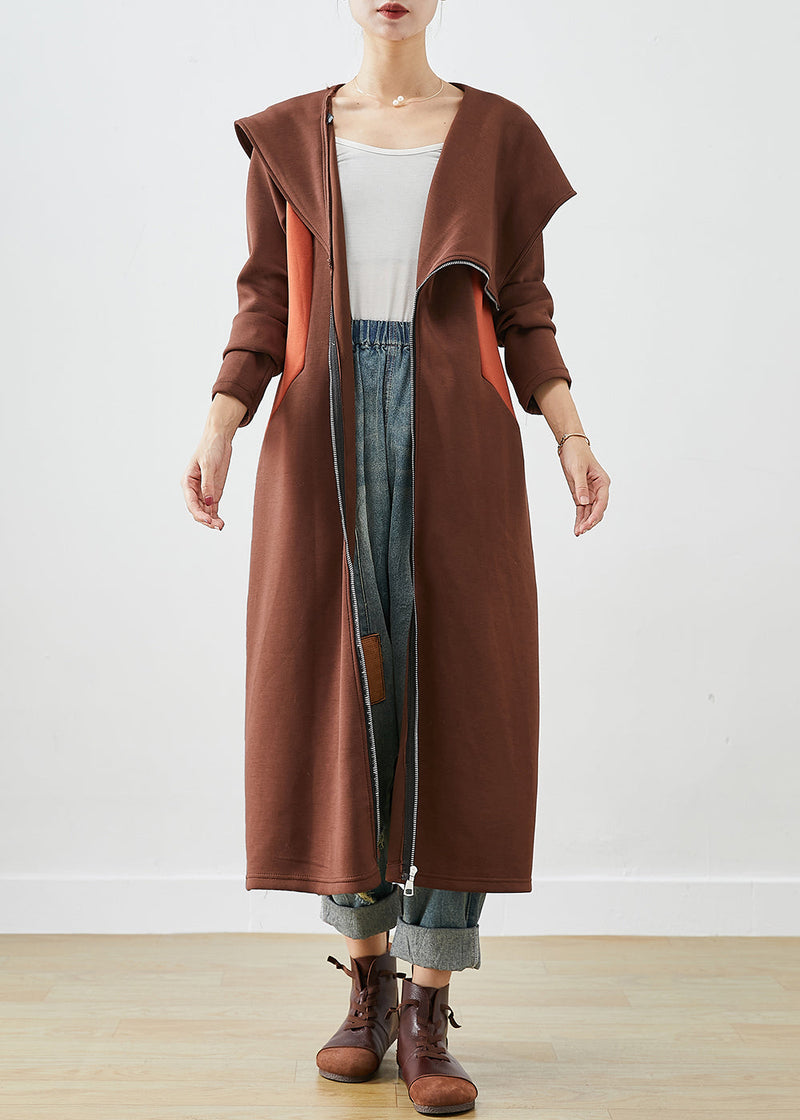 Chocolate Hooded Asymmetrical Patchwork Cotton Coat Fall