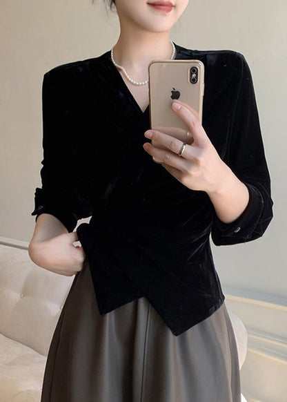 Black V Neck Tie Waist Silk Velvet Shirt Spring