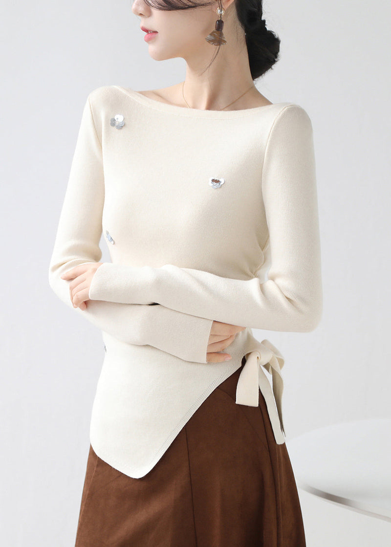 Beige Sequins Knit Sweater Asymmetrical Lace Up Winter