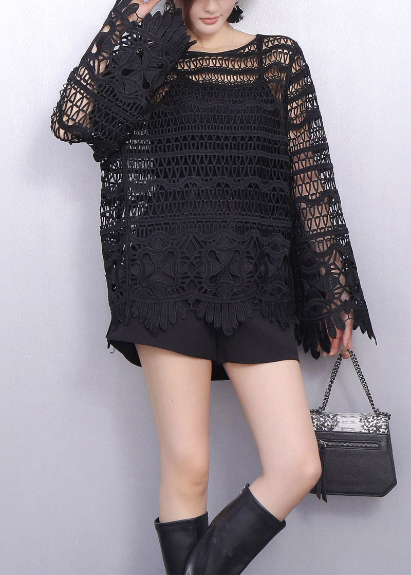 All Black Look Hollow Out Lace T Shirt Fall