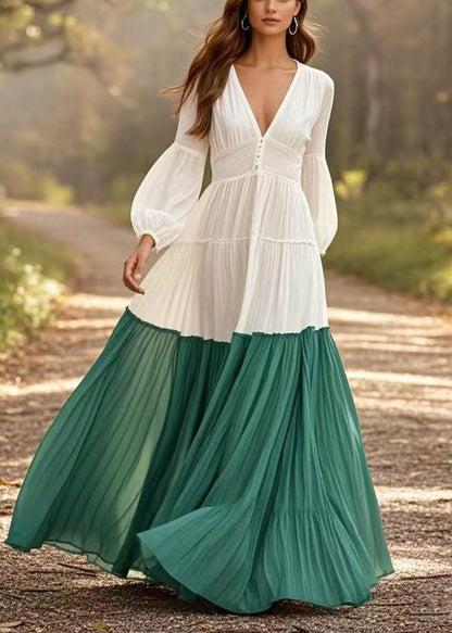 White V Neck Patchwork Exra Large Hem Cotton Pleated Dresses Spring