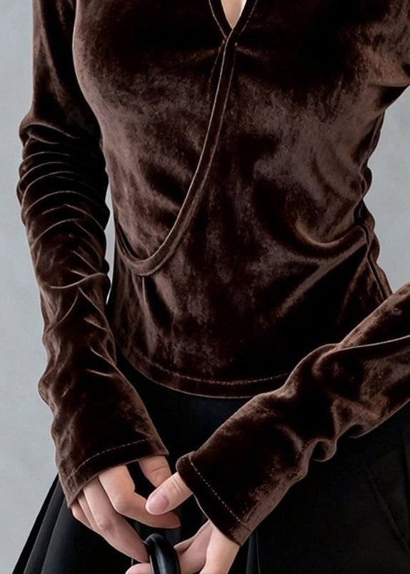 Coffee O Neck Hollow Out Silk Velour T Shirt Top Winter