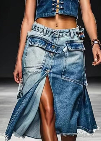 French Blue Button Pockets Front Open Denim Skirt Summer (ships in 24hrs)