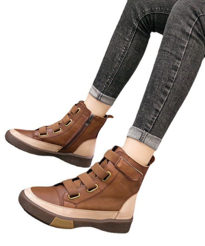 Brown Lace Up Platform Boots Splicing Cowhide Leather Ankle Boots