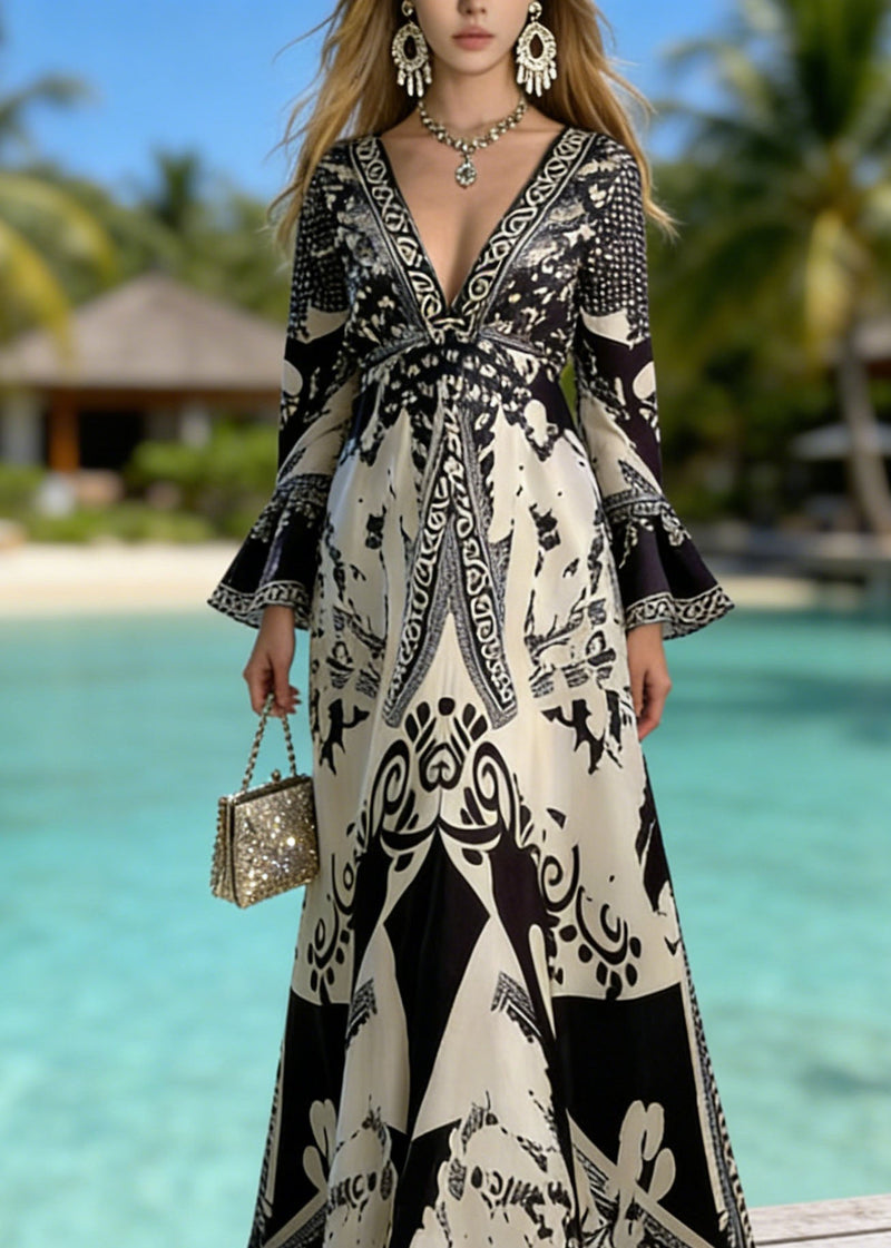 Black V Neck Print Holiday Dress Flare Sleeve
