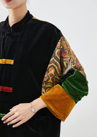 Diy Black Oversized Patchwork Chinese Button Silk Velour Coat Fall