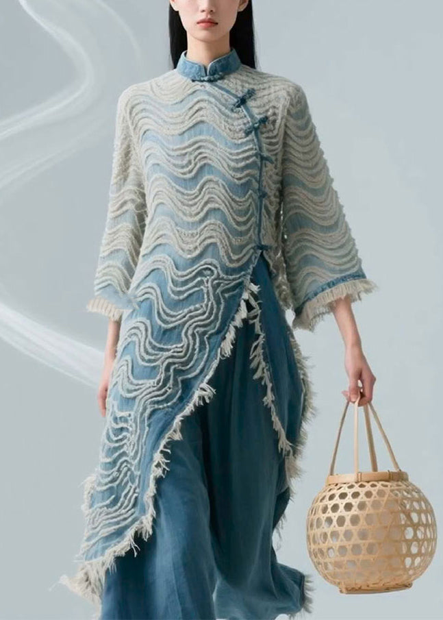 Loose Blue Striped Button Denim Shirts Bracelet Sleeve Fall