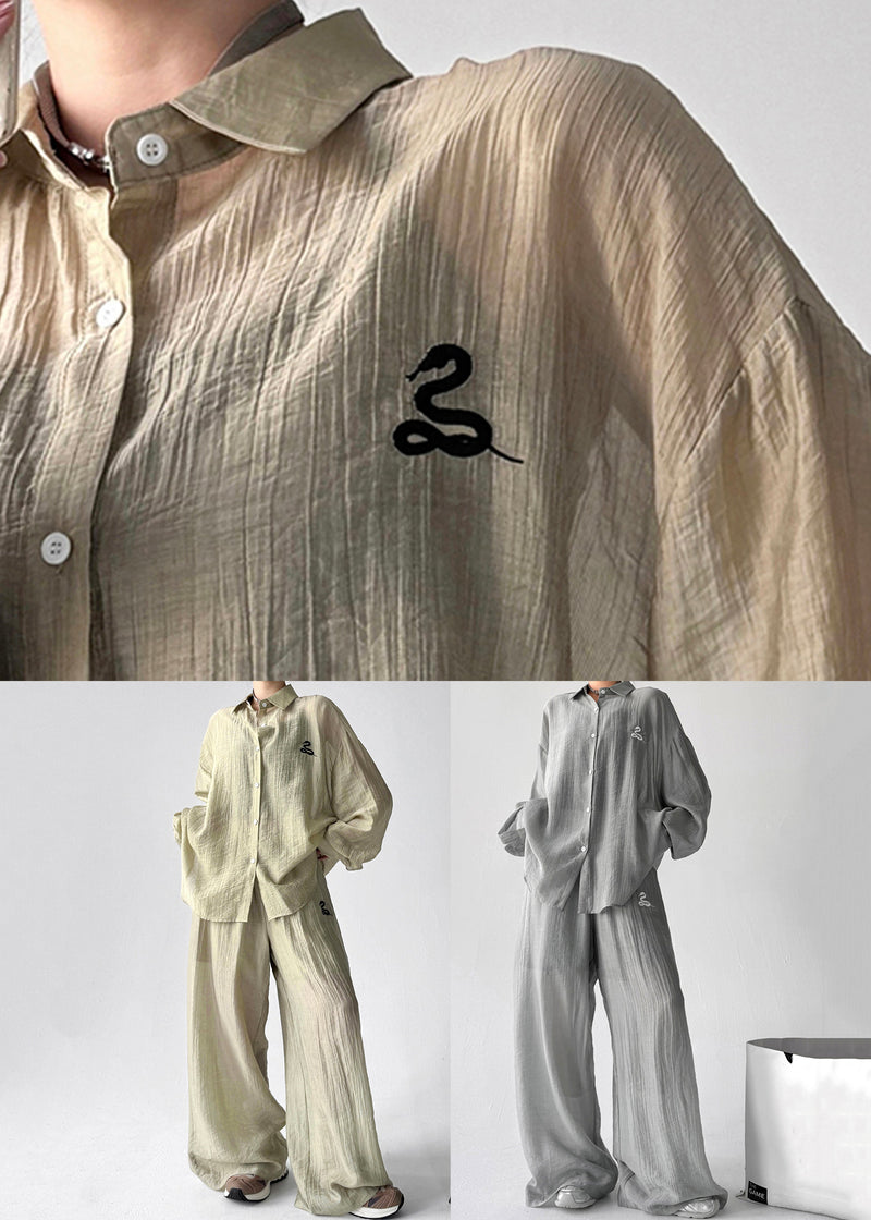 Grey Shirts and Pants Cotton Fall Two Pieces Set Elastic Waist
