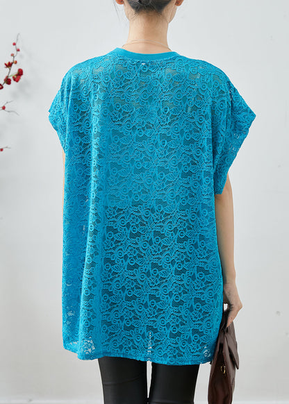 Blue Oversized Hollow Out Lace Tanks Summer