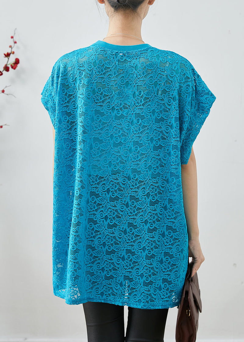 Blue Oversized Hollow Out Lace Tanks Summer