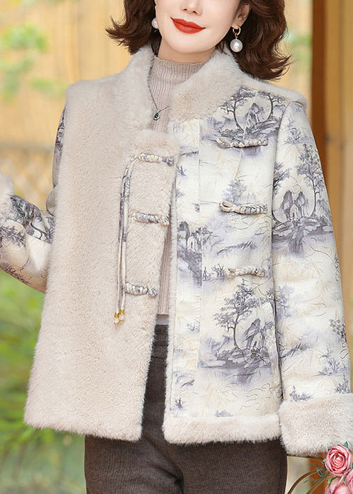 Beige Button Patchwork Mink Velvet Coats Winter
