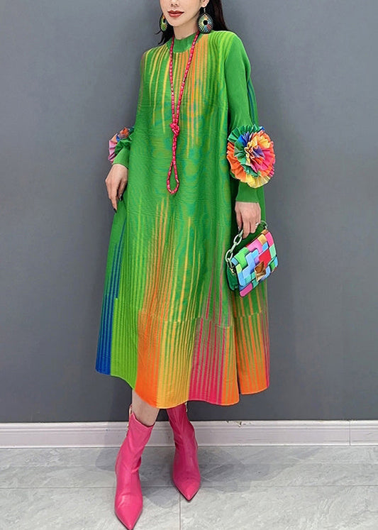 Green O Neck Decorated Cotton Dress Spring