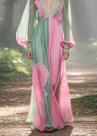 Colorblock V Neck Patchwork Chiffon Dress Lantern Sleeve