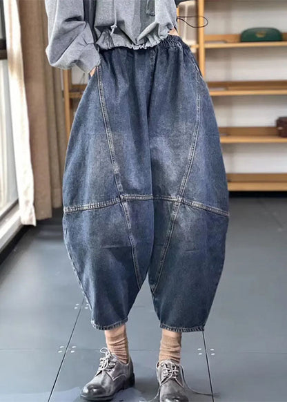 Blue Elastic Waist Pockets Patchwork Cotton Denim Loose Harem Pants Summer