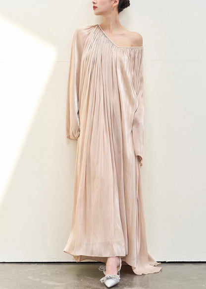 Pink V Neck Wrinkled Silk Maxi Dresses Fall