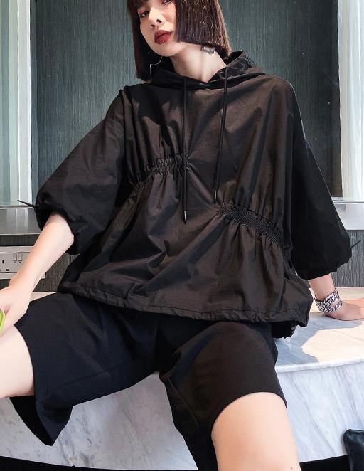 Unique Black Hooded Cinched Half Sleeve Top