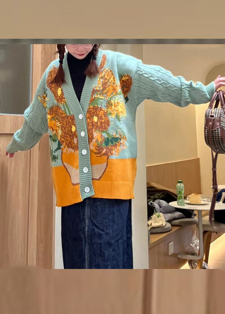 Green Button Cotton Knit Sweaters Coats Fall