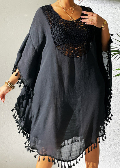 Black O-neck Hollow Out Patchwork Tassel Swimwear Smock