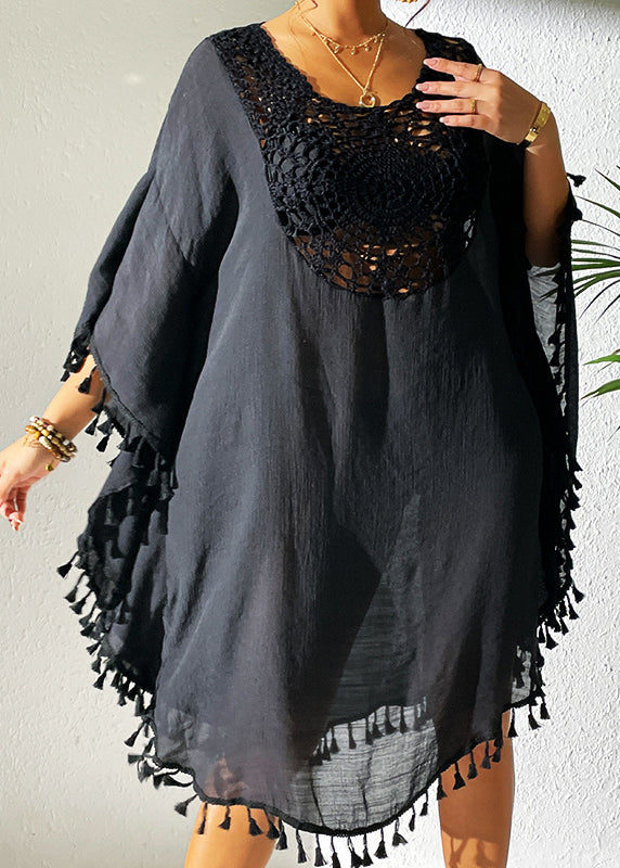 Black O-neck Hollow Out Patchwork Tassel Swimwear Smock