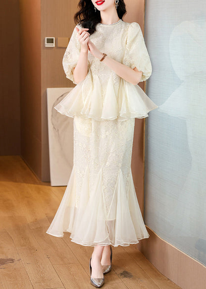 Beige Embroidered Tops and Fishtail Skirt Silk Two Pieces Set Summer