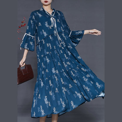 Navy Print Cotton Holiday Dresses Exra Large Hem Summer