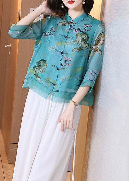 Blue Stand Collar Print Chinese Button Patchwork Linen Tops Summer