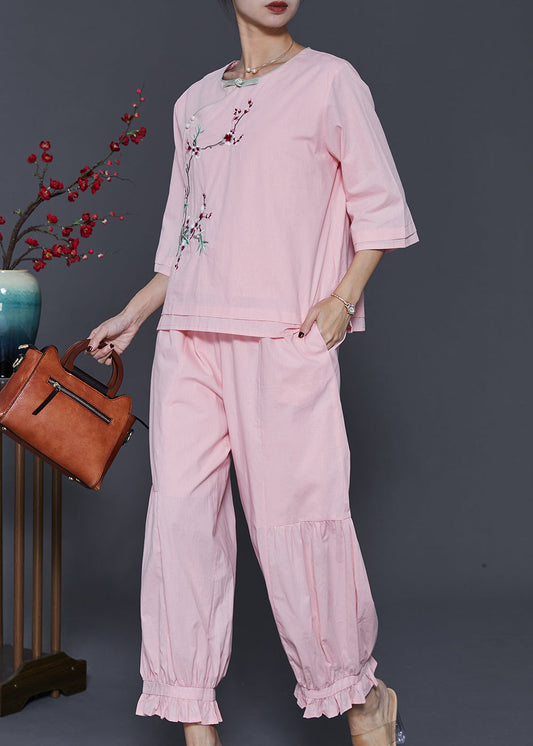 Pink Embroidered Patchwork Cotton Two-piece Set Spring