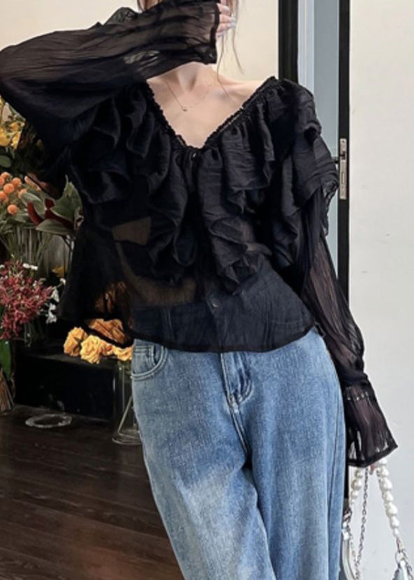 Black V Neck Ruffled Chiffon Shirts Long Sleeve