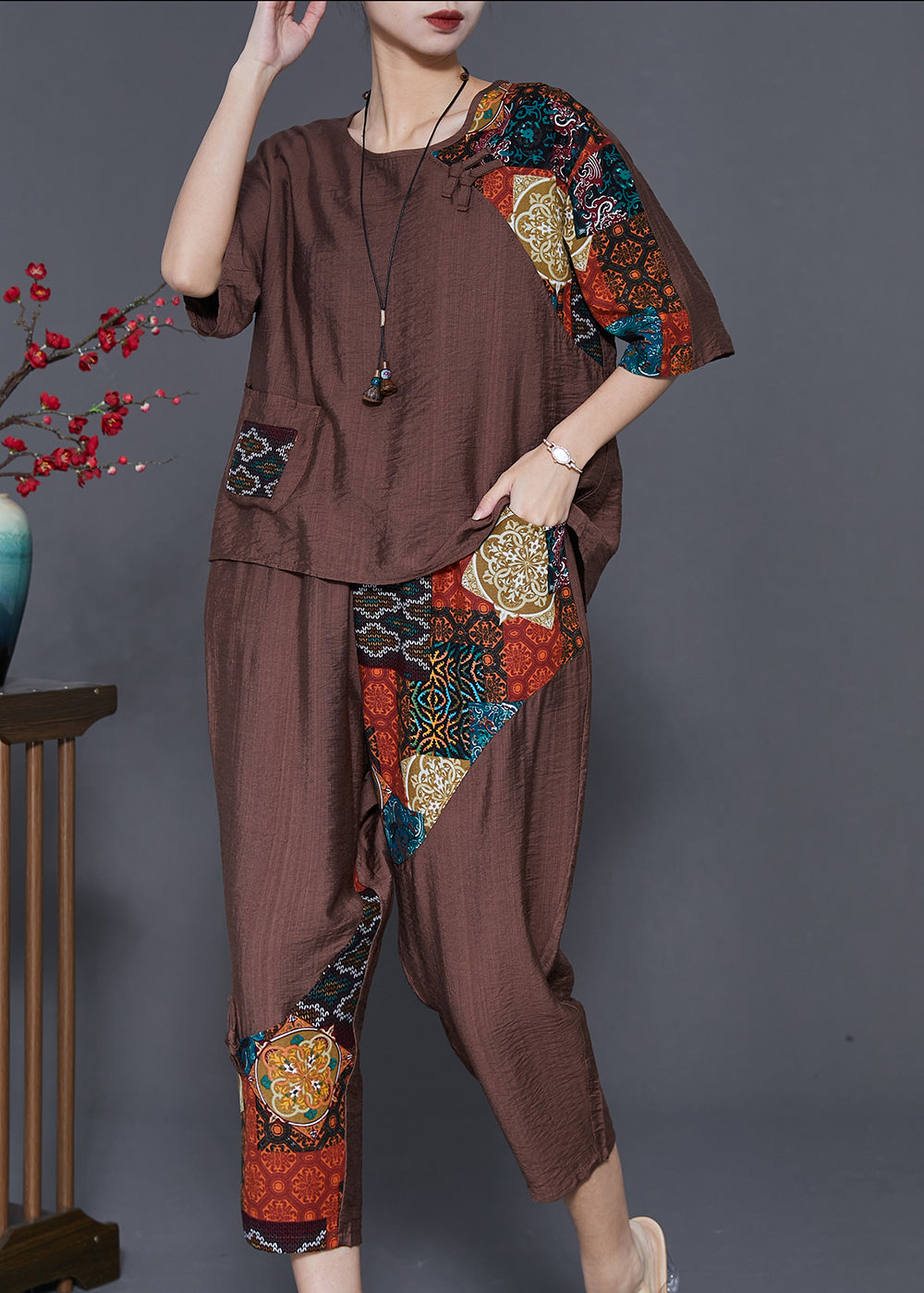 Coffee Chinese Button Patchwork Linen Two Pieces Set Summer