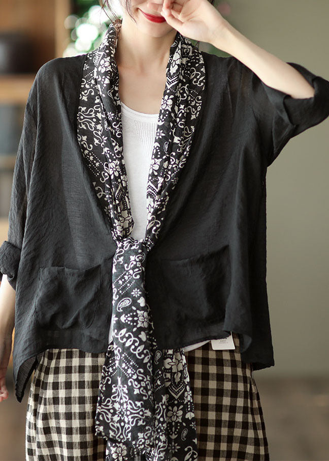 Black Turtle Neck Patchwork Linen Upf 50+ Coat Long Sleeve