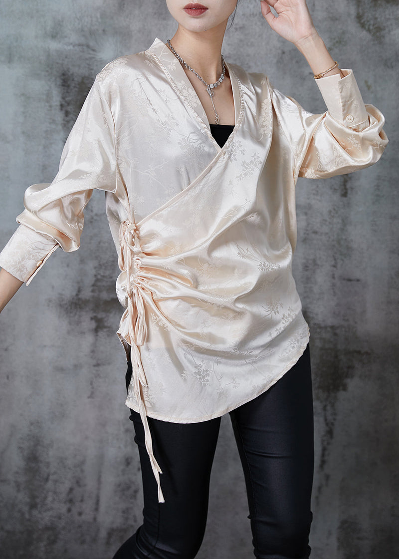 Champagne Jacquard Asymmetrical Design Silk Shirt Tops Fall