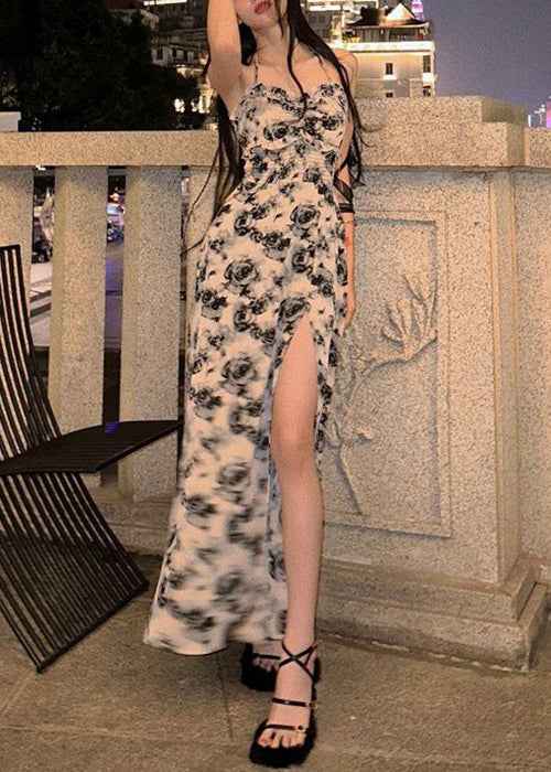 Red Ruffled Lace Up Print Cotton Long Dresses Sleeveless