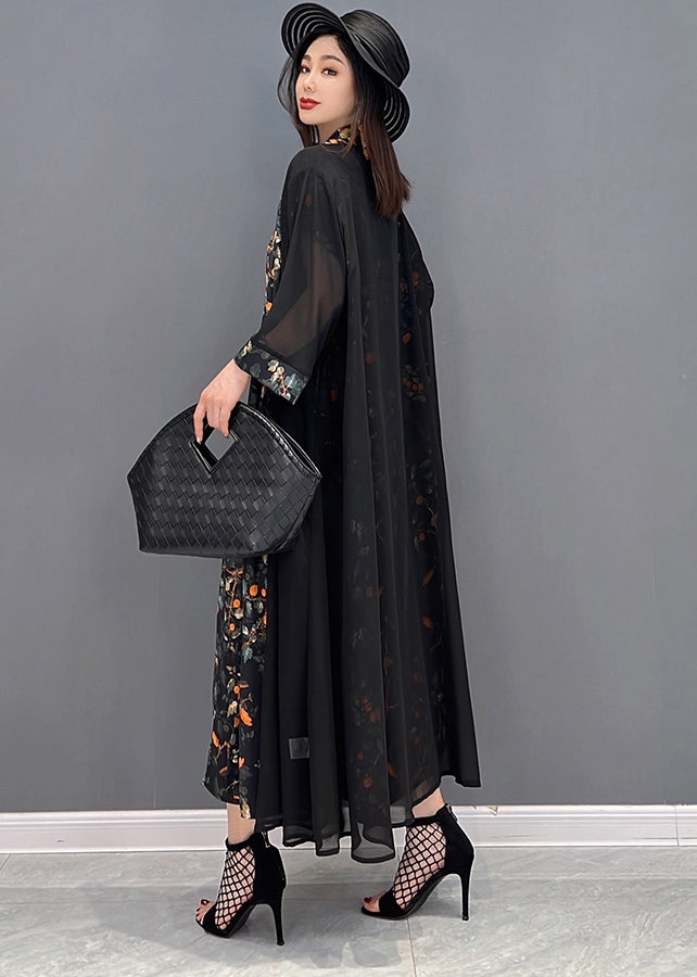 Black V Neck Print Silk Long Dress and Tulle Long Cardigan Two Pieces Set Summer