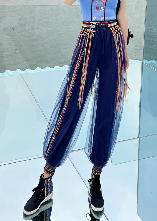 Navy Print Embroideried Elastic Tulle Beam Pants Summer