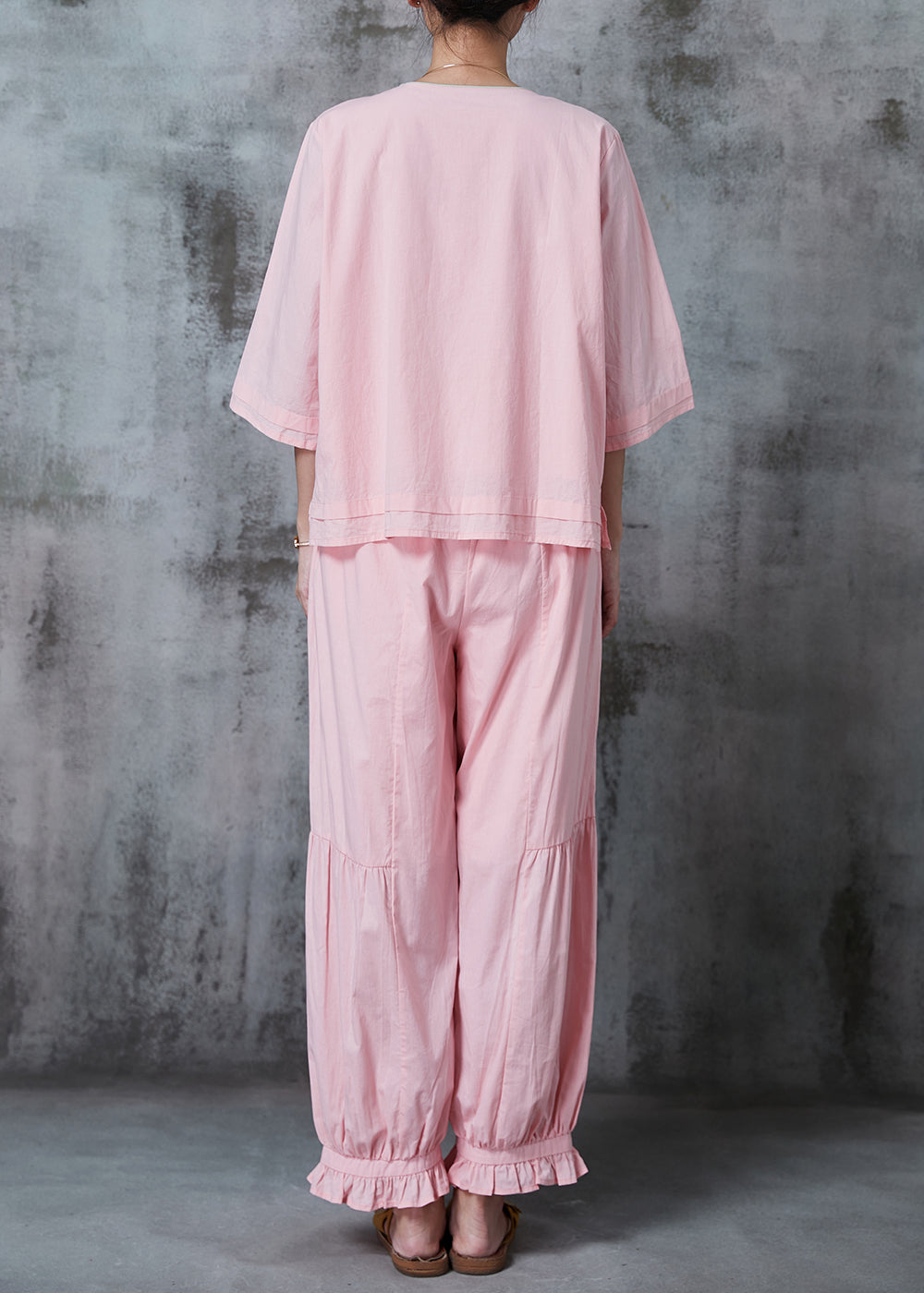 Pink Embroidered Oriental Cotton Two Piece Suit Set Summer