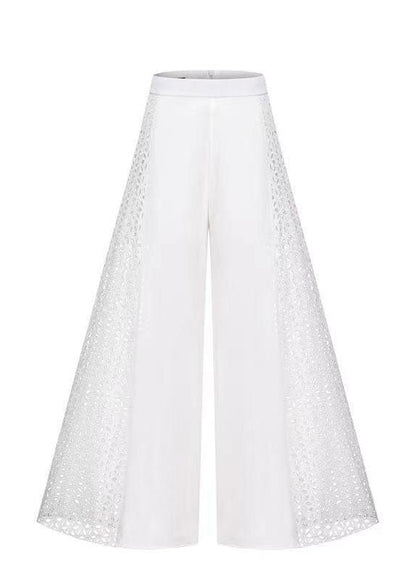 Organic White Hollow Out High Waist Lace Patchwork Chiffon Wide Leg Pants Spring