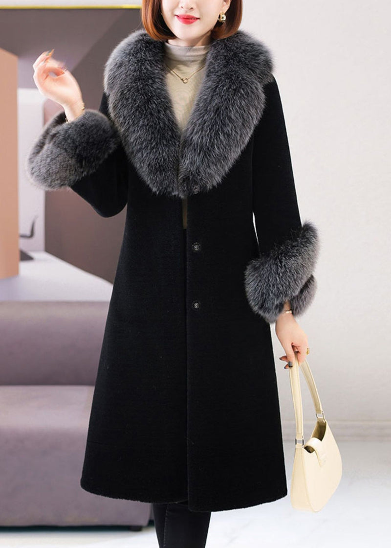 Black V Neck Tie Waist Fuzzy Fur Long Coat Winter