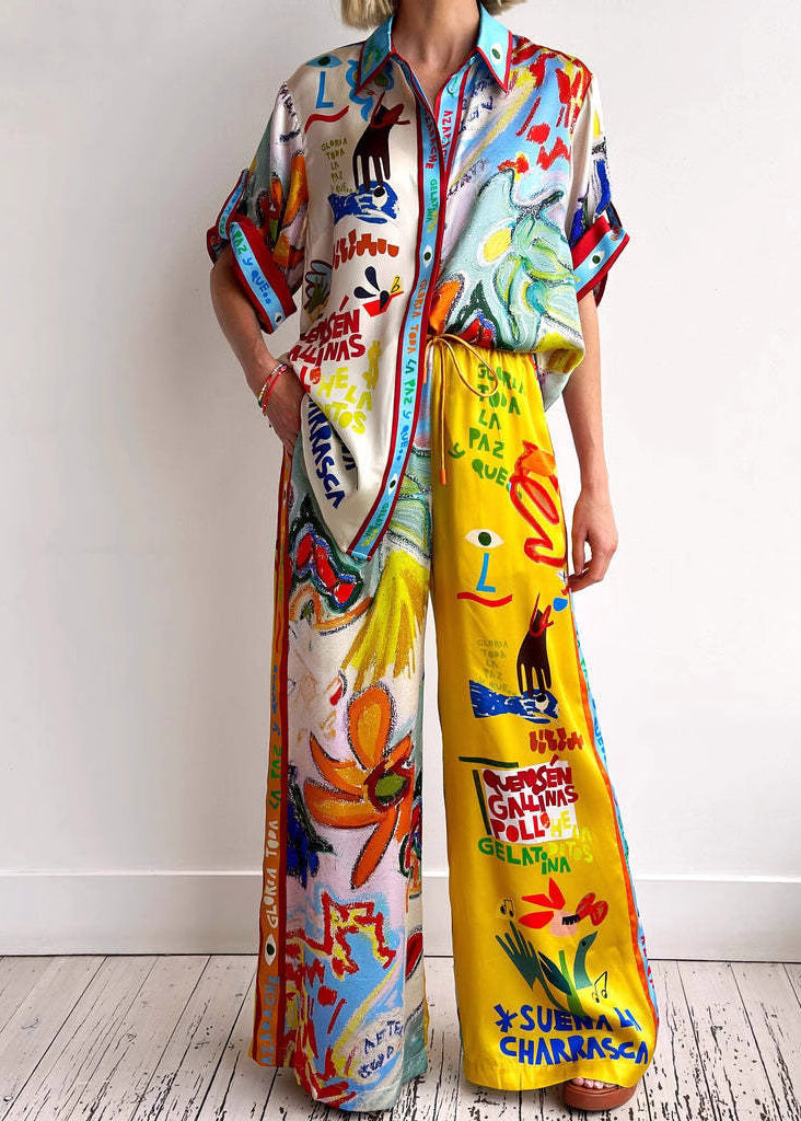 Peter Pan Collar Print Ice Silk Two Piece Set Summer