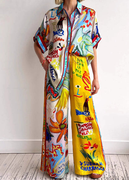 Peter Pan Collar Print Ice Silk Two Piece Set Summer