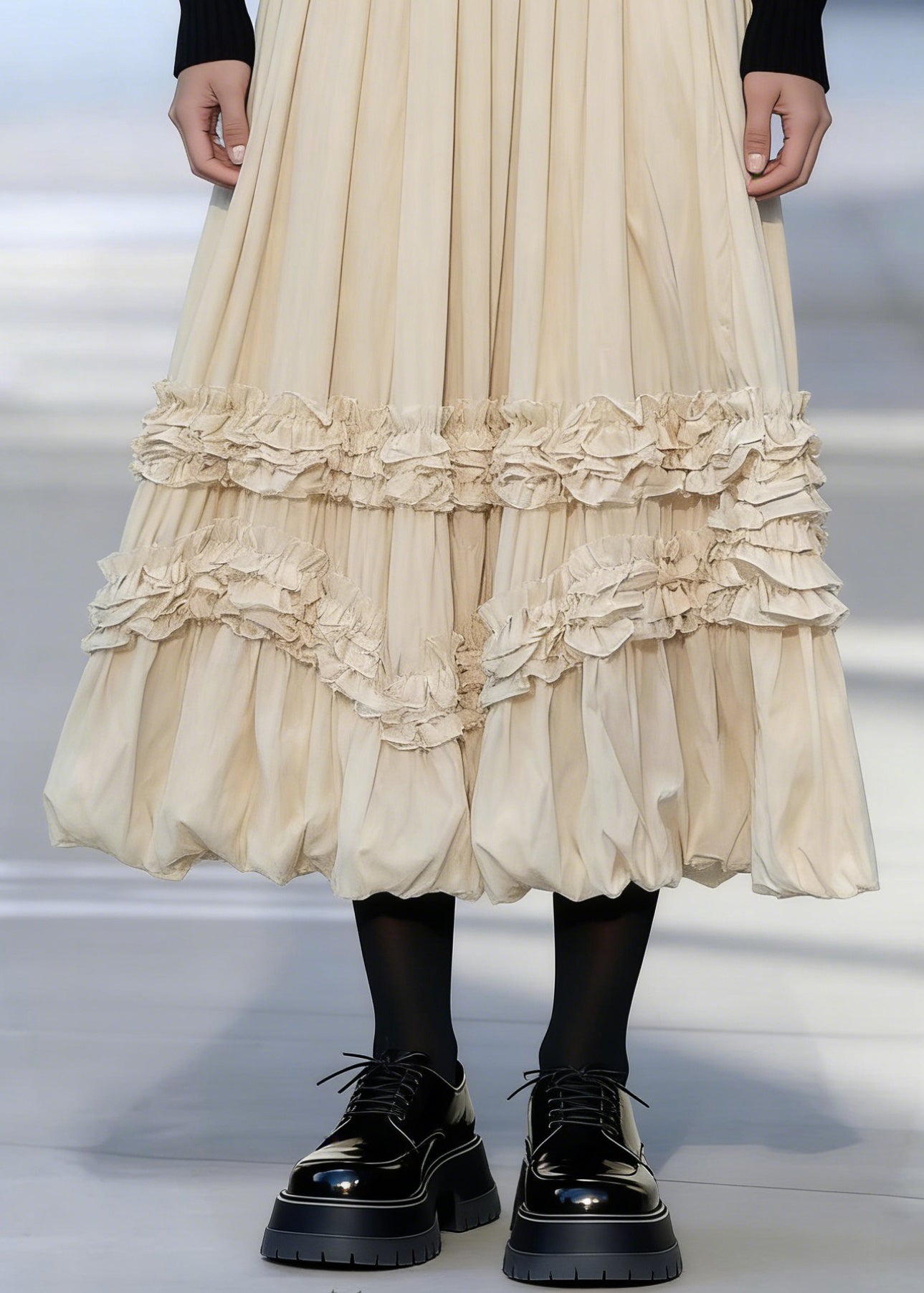 Apricot Ruffled Patchwork Elastic Waist Maxi Skirts